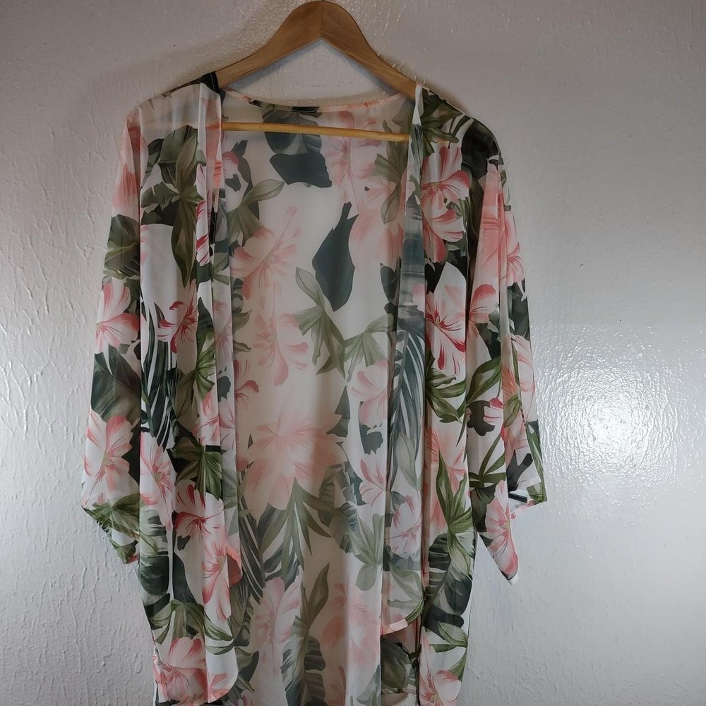 Pink and green floral print kimono with 3/4 sleeves sheer